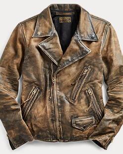 美国代购 Biker∞手作复古做旧棕色真皮羊皮咖啡馆赛车手夹克皮衣