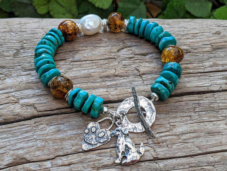 加拿大代购Bracelet㊣ 手作淡水珍珠绿松石串珠纯银狗狗吊饰手链