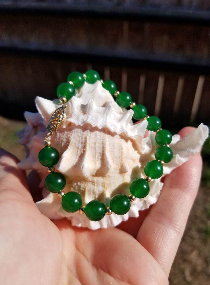美国代购Jade◇手作优雅翡翠色绿玉石珠子串珠实心14K黄金手链