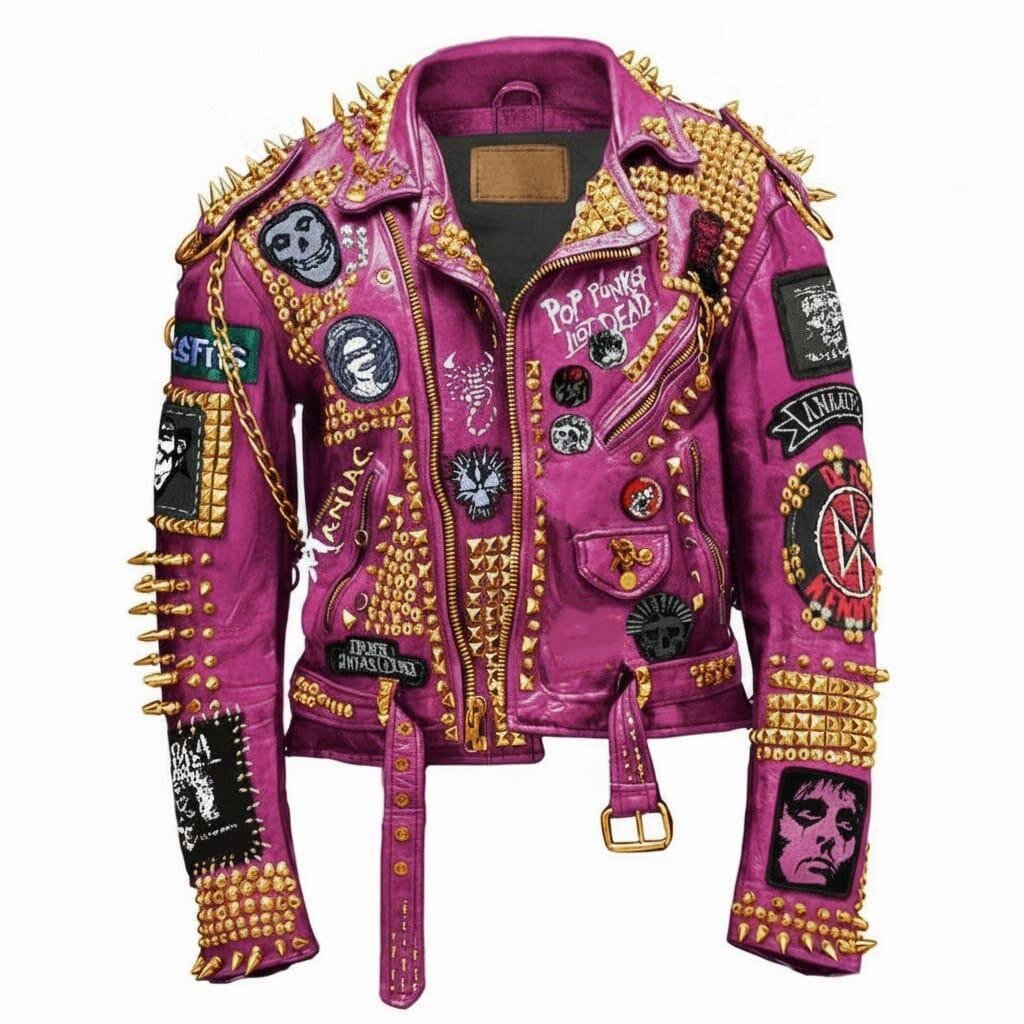 泰国代购Rocker◇手作朋克摇滚金色铆钉乐队徽章机车夹克真皮皮衣