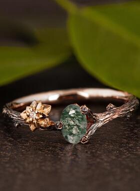 玫瑰金天然苔藓玛瑙钻石戒指镶嵌