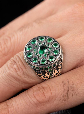 男士925纯银复古绿色锆石戒指