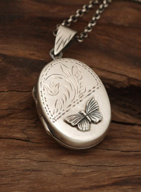 美国代购Locket◇手作蝴蝶玫瑰照片小盒实用指南针罗盘纯银项链