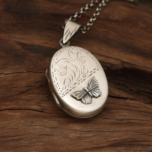 Locket◇手作蝴蝶玫瑰照片小盒实用指南针罗盘纯银项链 美国代购