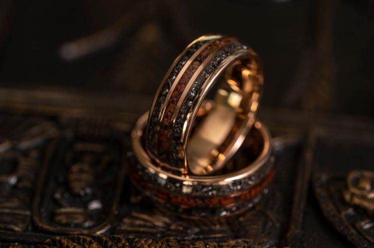 美国代购Meteorite◇手作复古玫瑰金碳化钨陨石定制刻字结婚戒指