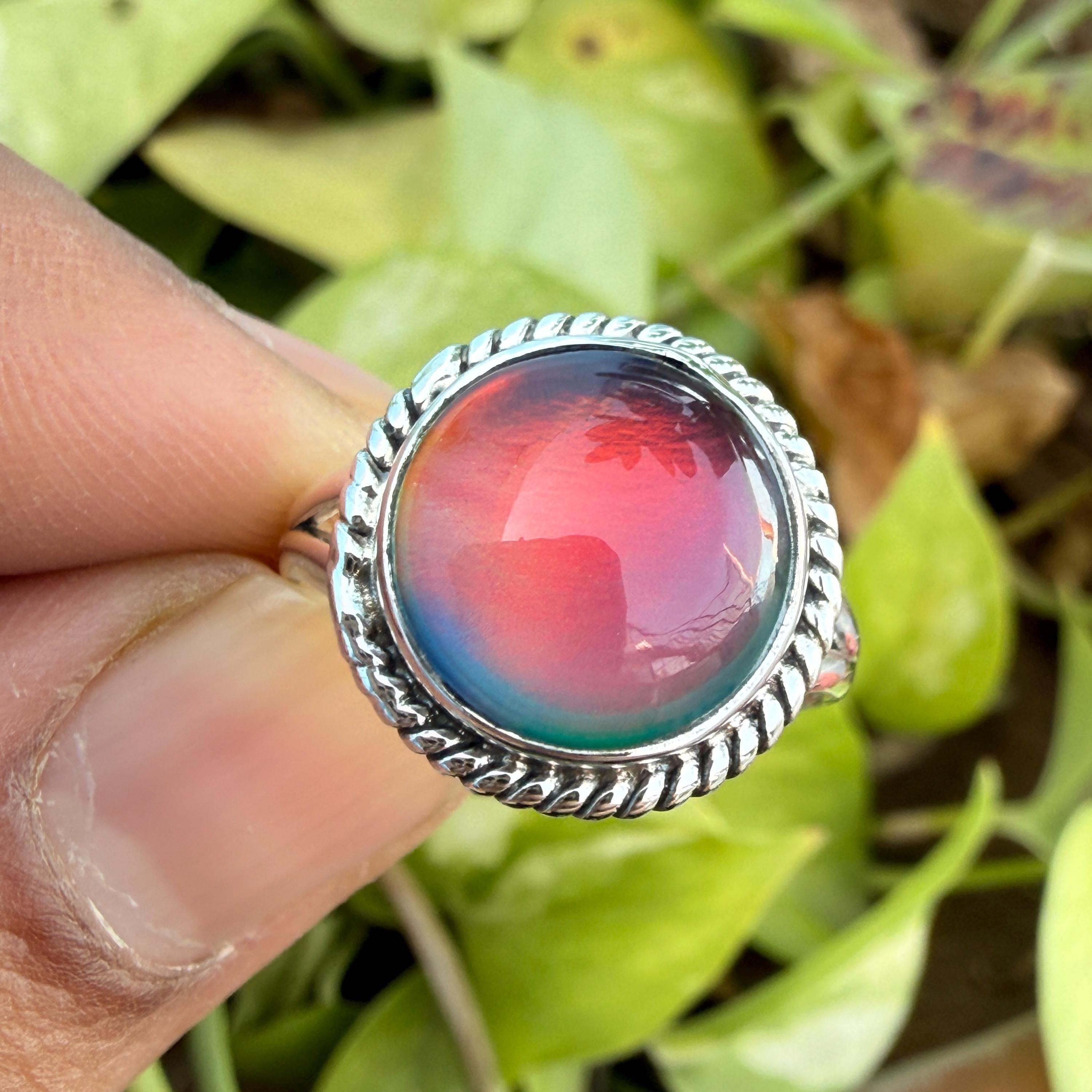 海外代购Jewelry手作波西米亚风银镶嵌红色极光欧泊双层石戒指