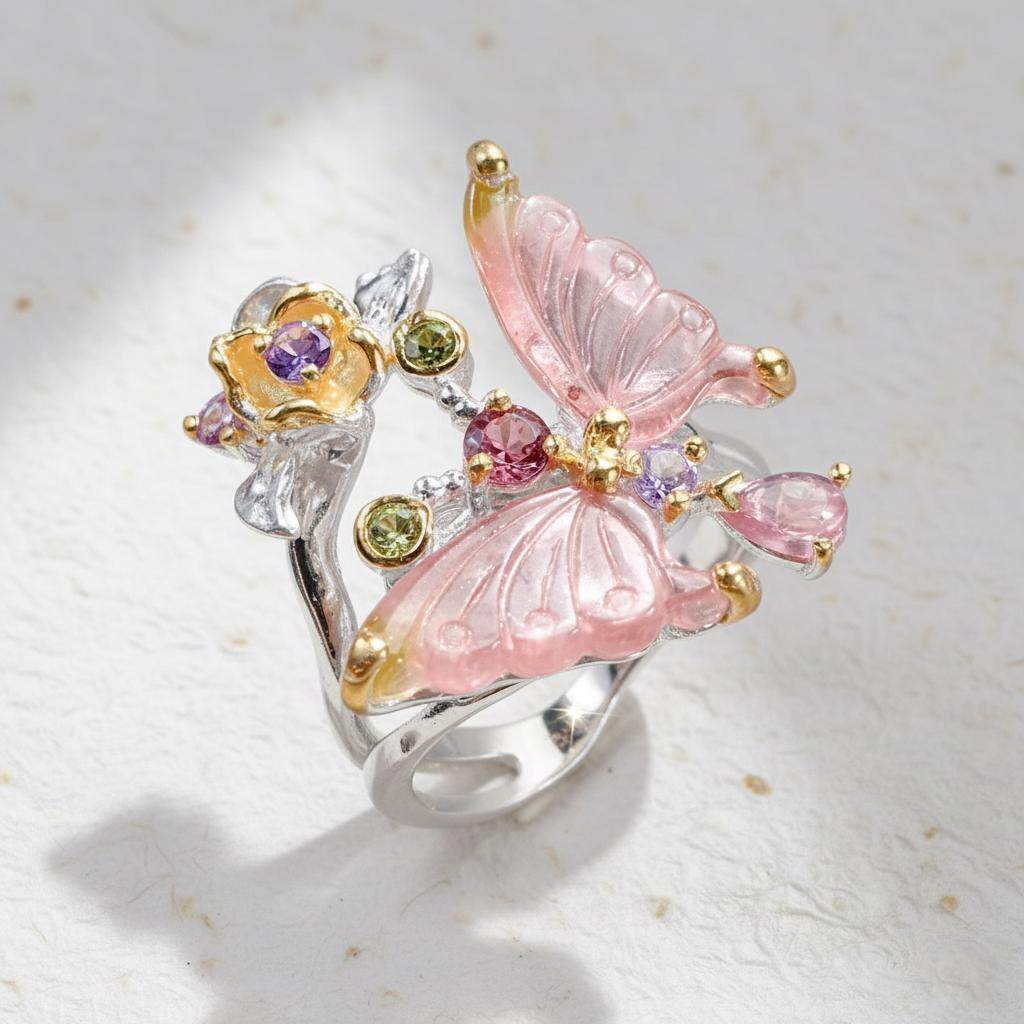 美国代购Butterfly㊣ 手作波西米亚风925纯银碧玺蝴蝶花朵戒指