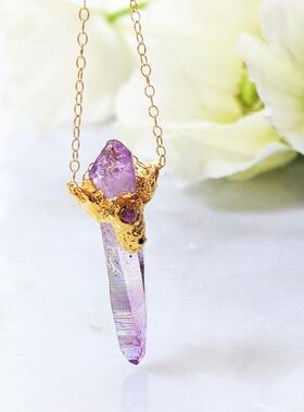 海外代购Necklace㊣ 手作简约华丽天然透明淡紫色紫水晶吊坠项链