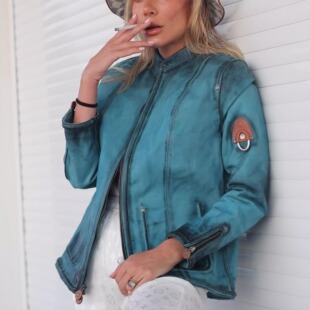 海外代购 手作机车骑行风撞色缝线蓝色牛皮绒面夹克皮衣 Cowhide㊣