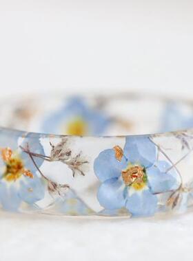 海外代购Flowers◇手作自然干花真正蓝色勿忘我满天星花树脂戒指