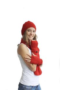 Knit◇手作柔软编织红色羊毛保暖帽子围巾手套三件套 土耳其代购