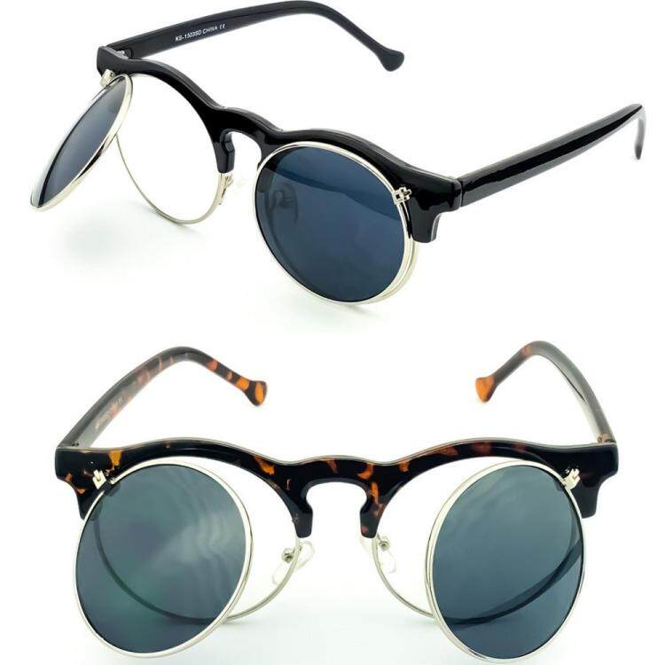 意大利代购Sunglasses㊣手作蒸汽朋克复古圆形翻盖式双镜片太阳镜