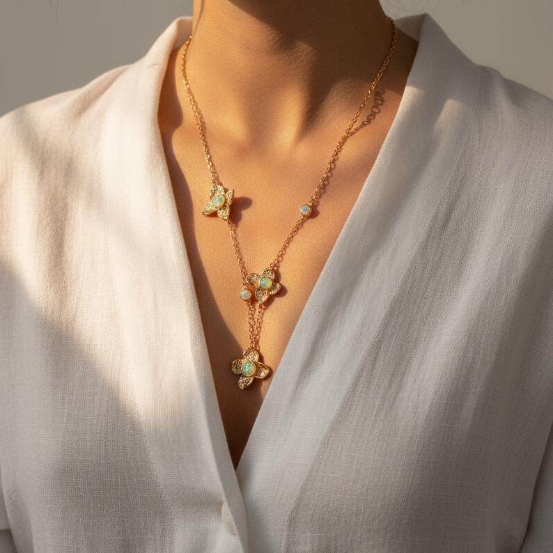 美国代购Necklace㊣ 手作彩虹蛋白石镶嵌花朵高级锁骨链吊坠项链
