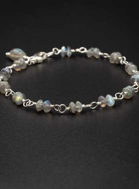 英国代购Labradorite◇手作复古拉长石宝石蓝光闪烁堆叠纯银手链