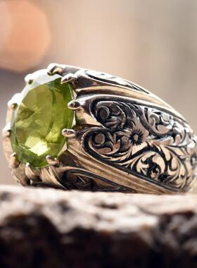海外代购Peridot◇手作复古天然橄榄石宝石镶嵌雕刻925纯银戒指
