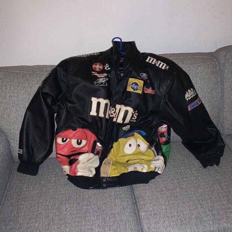 美国代购Racing◇古着复古皮革刺绣M豆糖果人卡通男士夹克皮衣