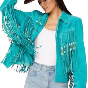 Native㊣海外代购 流苏绒面皮革麂皮蓝色夹克皮衣 手作西部风格