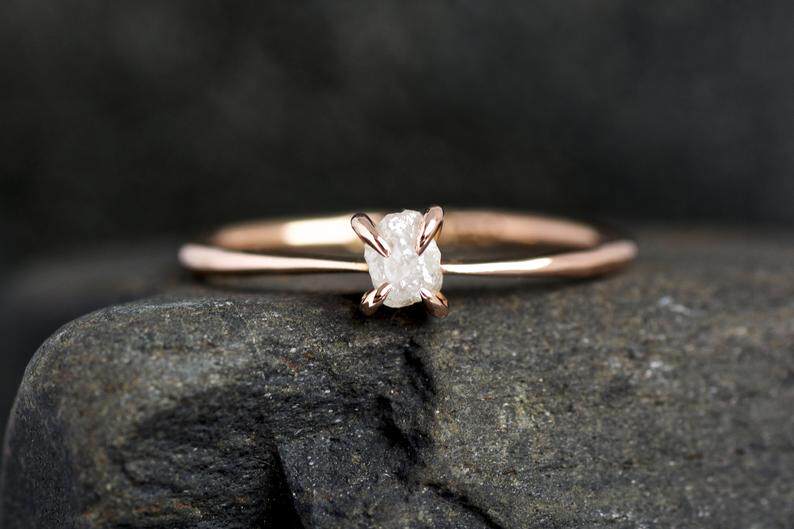 海外代购Diamond◇手作未加工原石裸钻白色钻石14K玫瑰金订婚戒指