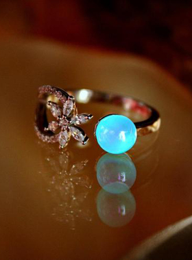 女纯银复古花朵方晶锆石戒指夜光