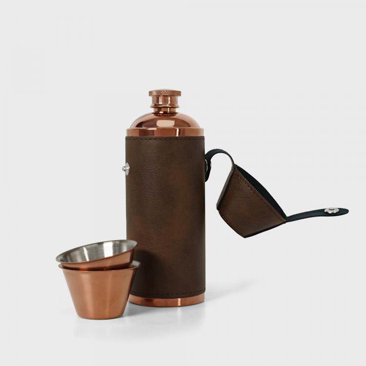 Flask㊣英国代购 手作迷人棕色皮革包裹刻字配酒杯铜色金属酒壶