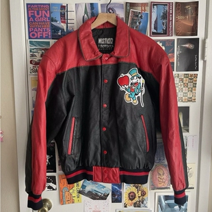 美国代购 Biker◇古着复古90年代红黑色皮革纽扣卡通娃娃夹克皮衣
