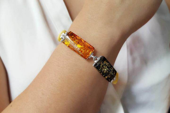 加拿大代购Amber◇手作精致方形多色波罗的海琥珀可调节纯银手链