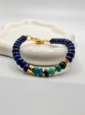 美国代购Lapis◇手作复古天然青金石龙纹宝石黄金填充男士手链