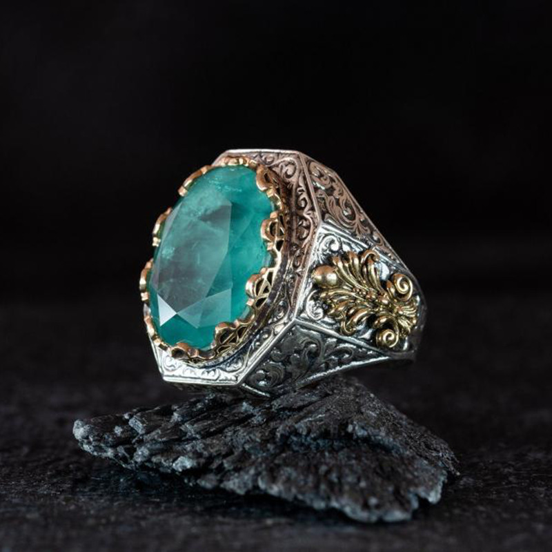 美国代购Paraiba◇手作蓝色帕拉伊巴碧玺宝石镶嵌纯银男士戒指