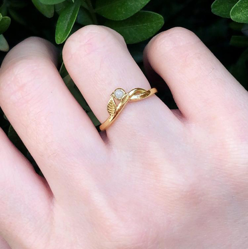 美国代购Rough◇手作天然原始钻石镶嵌14K黄金叶子结婚女士戒指