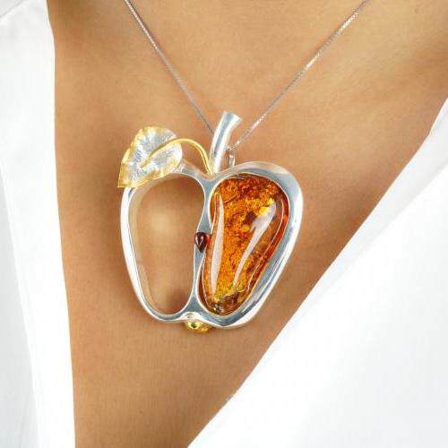 加拿大代购Necklace㊣ 手作精致天然波罗海琥珀纯银金苹果项链