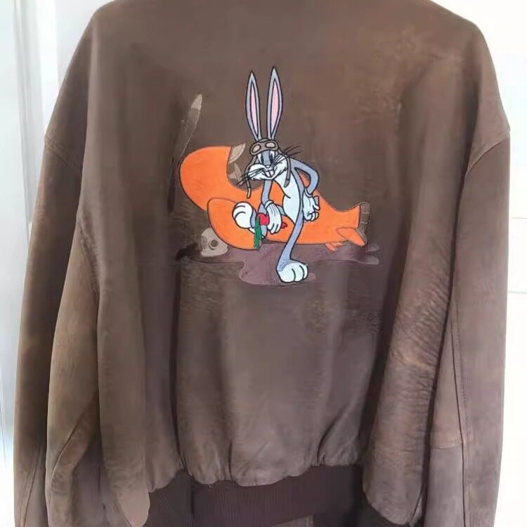 美国代购Jacket㊣  古着90年代初收藏可爱趣味兔八哥刺绣夹克皮衣