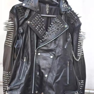 手作哥特朋克尖刺铆钉皮革可拆卸袖 子连帽皮衣 Leather㊣ 海外代购