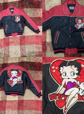 海外代购Doll◇古着复古卡通娃娃红色纽扣红黑色真皮心形夹克皮衣