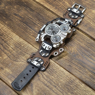 海外代购 Quartz◇手作蒸汽朋克铆钉多表盘真皮牛皮石英手表腕表