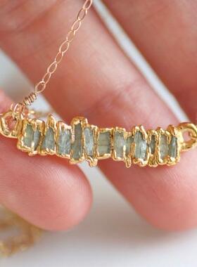 爱沙尼亚代购Necklace㊣ 手作华丽天然绿色蓝晶石条形24k镀金项链