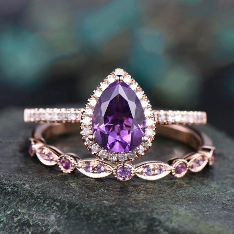 美国代购Gold◇手作天然紫水晶钻石宝石镶嵌14K金女士结婚戒指
