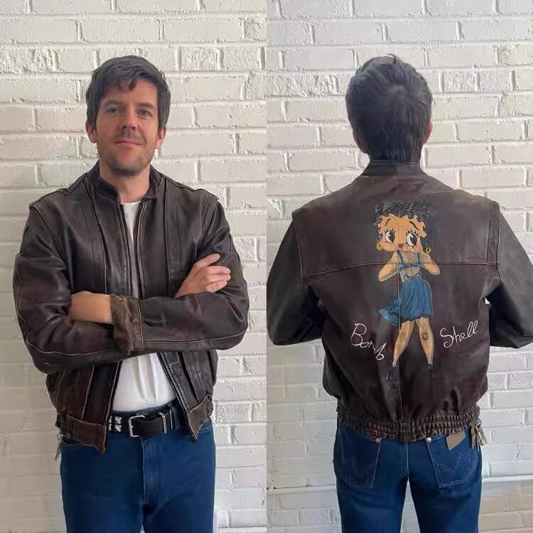 美国代购Jacket㊣ 古着收藏手绘可爱卡通娃娃男士飞行员夹克皮衣