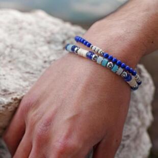 希腊代购Bracelet▽手作时尚波西米亚可调节男士叠戴蓝色串珠手链