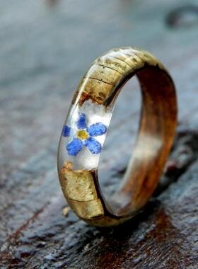 海外代购Wood◇手作森林蓝色勿忘我花朵真花压花坚果木树脂戒指