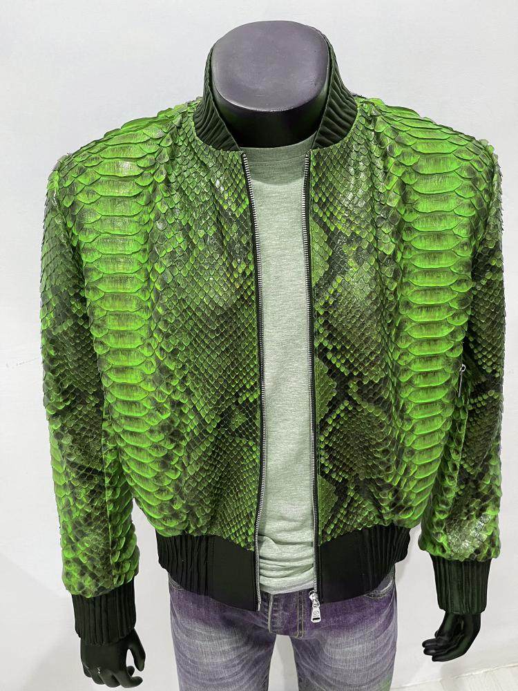 海外代购Snakeskin◇手作奢华质感绿色真皮蟒蛇皮革男士夹克皮衣