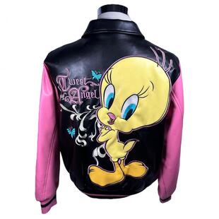 美国代购 Jacket㊣古着收藏卡通翠鸟贴花黑粉色皮革飞行员夹克皮衣