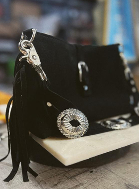 美国代购Concho◇手作复古西部牛仔黑色绒面皮革流苏女士单肩包