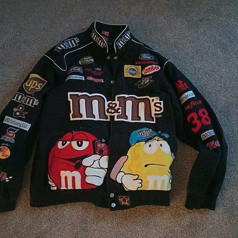 美国代购Racing◇古着复古彩虹M豆糖果人刺绣黑色赛车外套夹克