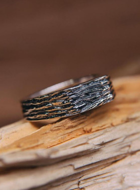 中性纯银复古厚实森林戒指树皮