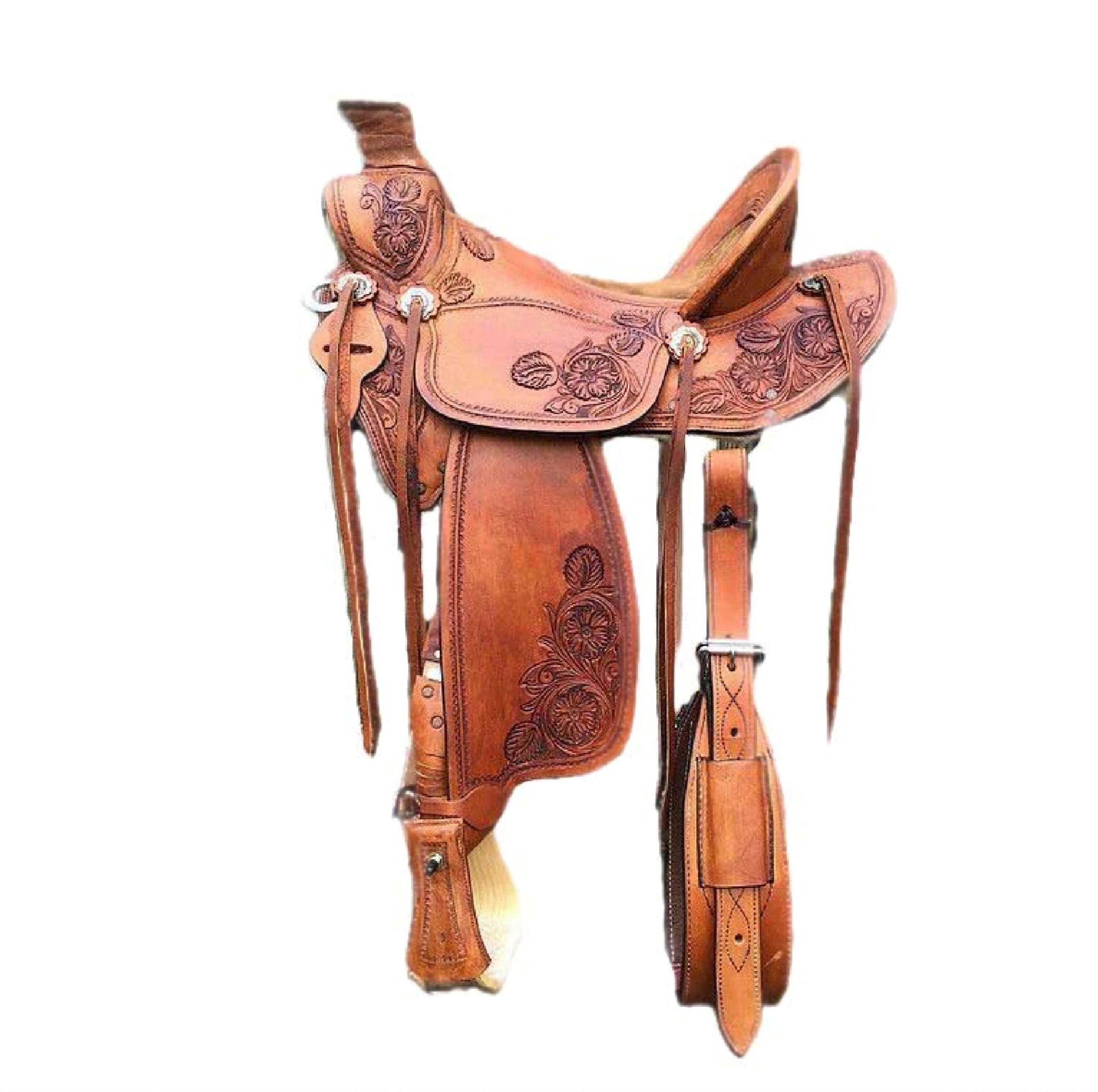 海外代购Saddle◇手作棕色真皮雕刻花卉套索牧场笼头胸带西部马鞍