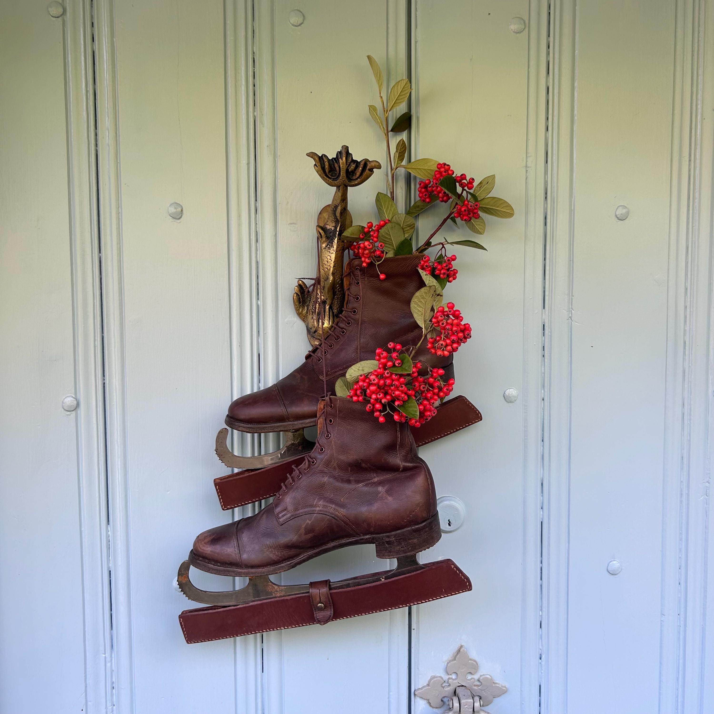 英国代购Boots◇古着复古1950年代圣诞冬季装饰棕色皮革溜冰鞋