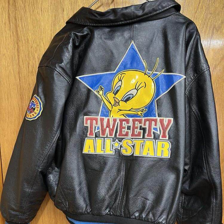 美国代购Jacket  ▼古着可爱崔迪公仔2XL 黑色皮革飞行员夹克皮衣