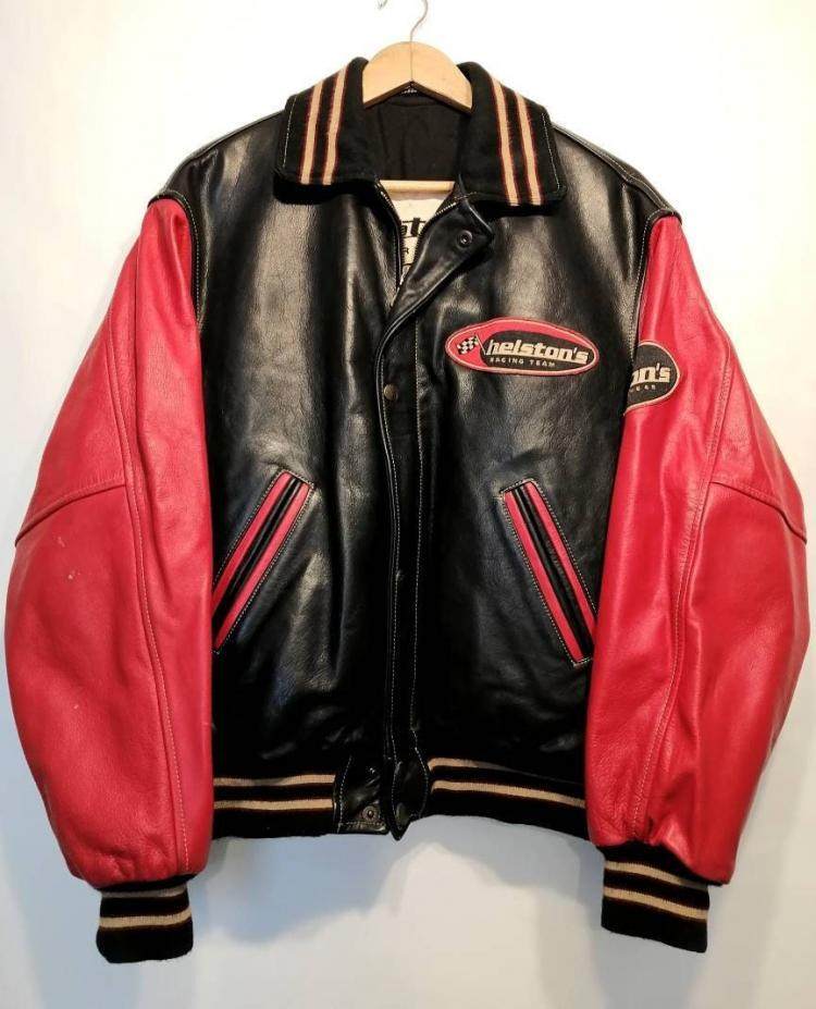 西班牙代购Rare◇古着90年代红黑皮革男士厚牛皮罗纹机车夹克皮衣