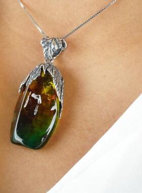 加拿大代购Necklace㊣ 手作天然蓝绿色波罗海琥珀纯银花卉项链