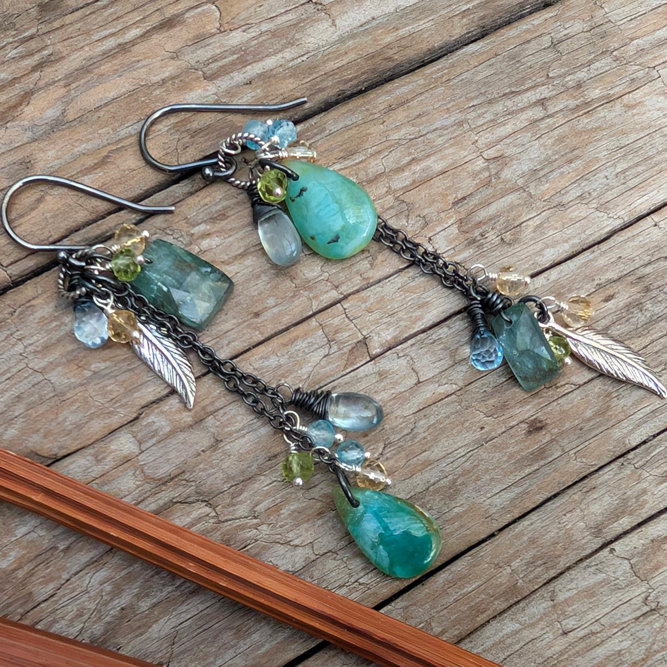 加拿大代购Earring㊣ 手作蛋白石蓝晶石水晶黄玉簇羽毛流苏耳环